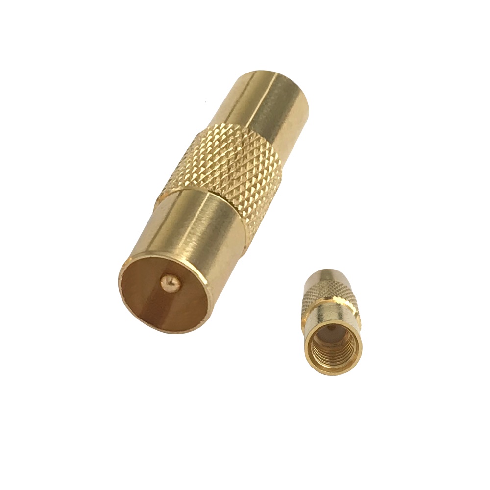 Antennenstecker-gold-9-5mm TV Antennenstecker vergoldet 9,5 mm mit F-Buchse für Koaxial Kabel direkt aufschraubbar Adapter