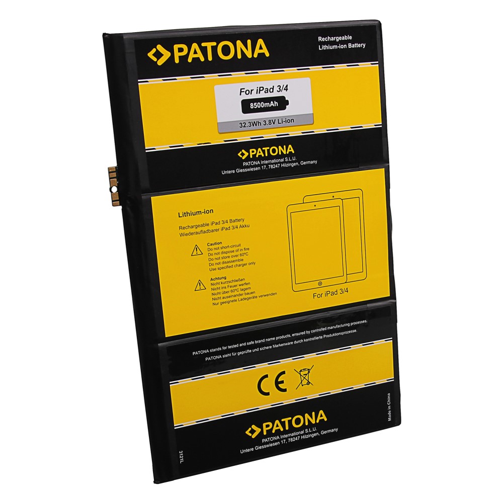 PATONA Akku für Apple Ipad 3 Ipad 4 616-0586 616-0593 616-0604 969TA103H 969TA110H A1389 ipad3 ipad4 tablet arli 8500 mAh marken samsung zellen li-lon ersatzakku ersatz