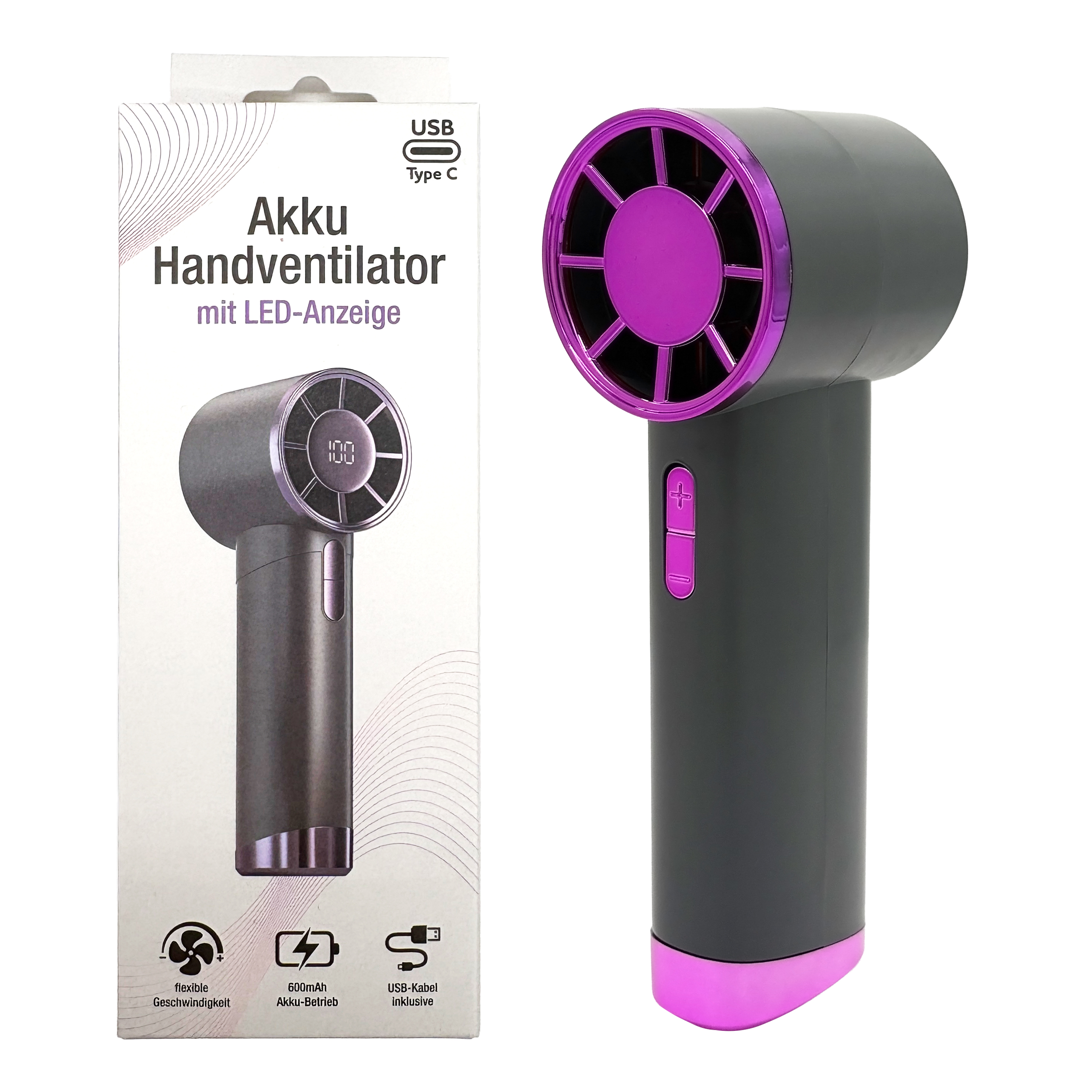 Handventilator mit LED Anzeige Akku Mini Ventilator grau tragbar