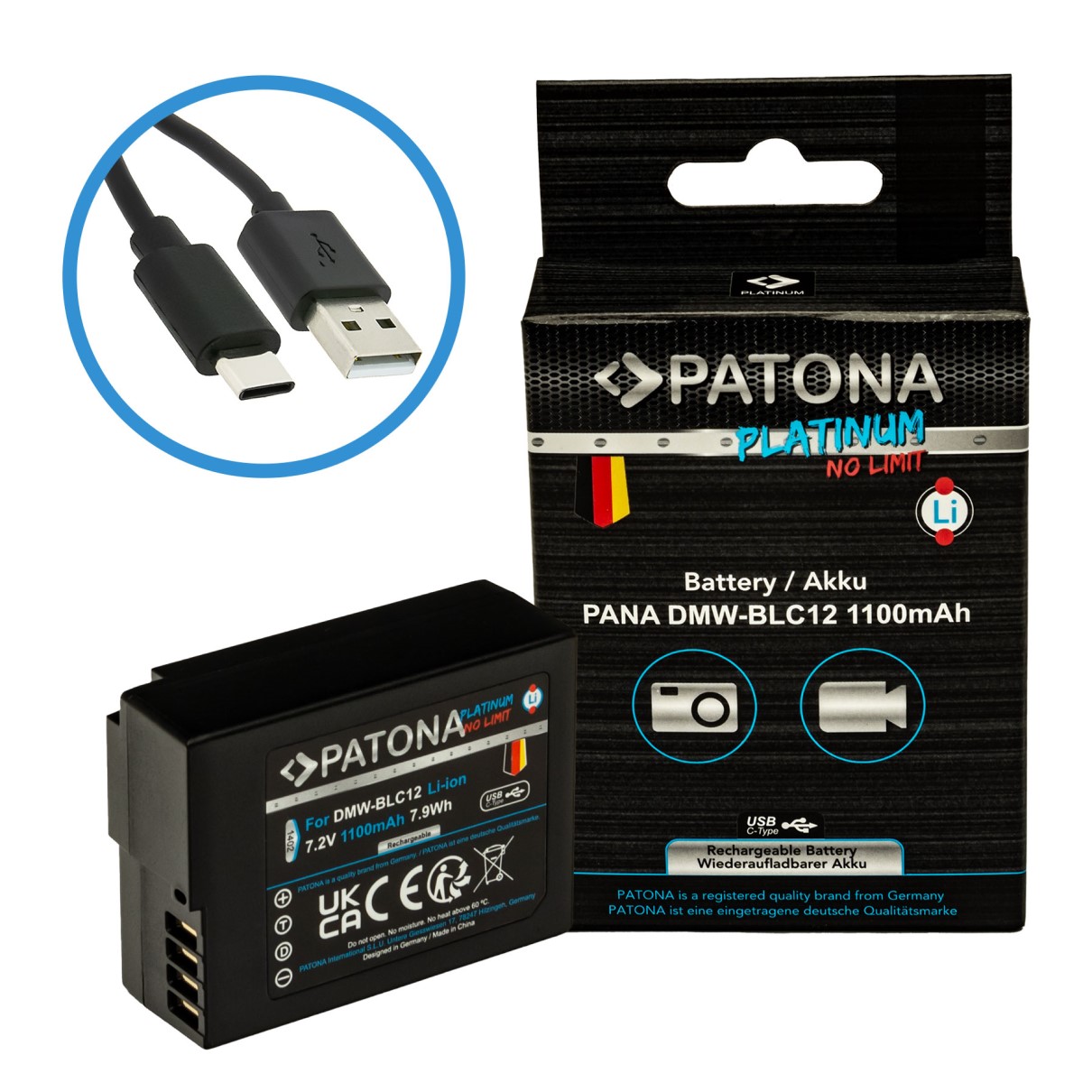 1402-1-Kopie Akku für Panasonic DMW-BLC12 mit USB-C Input FZ2000 FZ300 GX8 G81 GH2