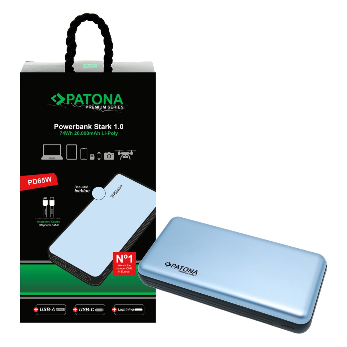 9991-1 Powerbank Stark 1.0 PD65W 20000mAh mit 2 integrierten Ladekabel USB-C Lightning PD 65W