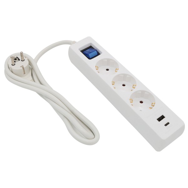 1.5m Power Strip white, 3 Outlets with USB-A + USB-C Charging Ports, Switch, and Flat-Angle Plug