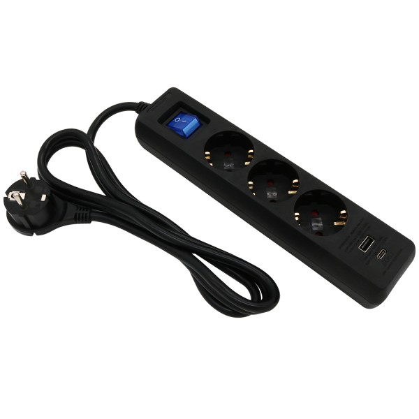 1.5m Power Strip Black, 3 Outlets with USB-A + USB-C Charging Ports, Switch, and Flat-Angle Plug