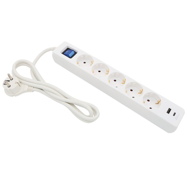 5m Steckdosenleiste weiss 5 fach mit USB-A + USB-C Ladebuchse Schalter flachem Winkelstecker